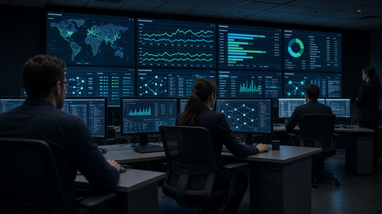 Operations team monitoring infrastructure dashboards in a managed services center